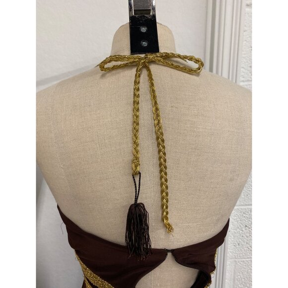Vintage Eliza J. New York Brown & Gold Halter Dress With Crochet Detailing - Picture 7 of 8